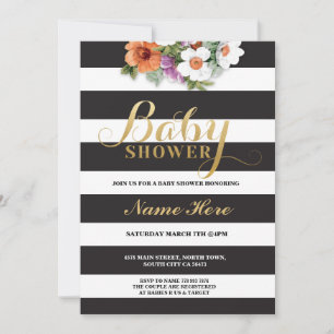 Baby Shower Stripe Gold Glitter Girl Floral Invite
