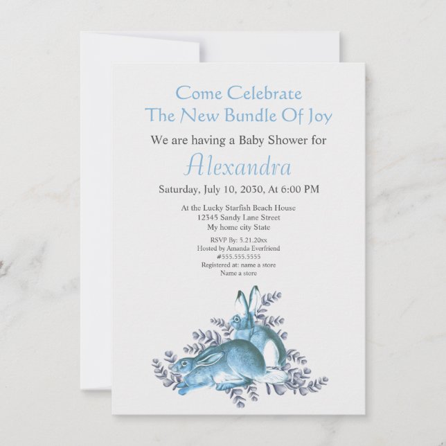 Baby Shower Stylish Blue Bunny Rabbit Watercolor (Front)