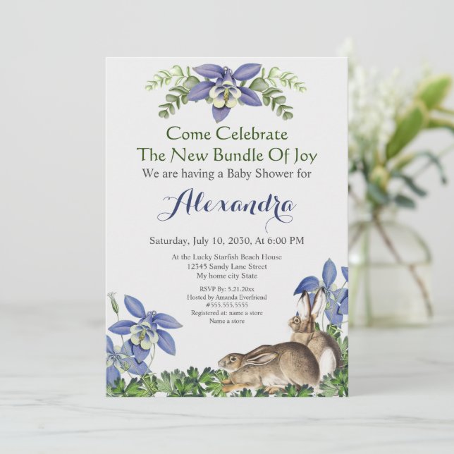 Baby Shower Stylish Blue Floral Rabbit Watercolor (Standing Front)