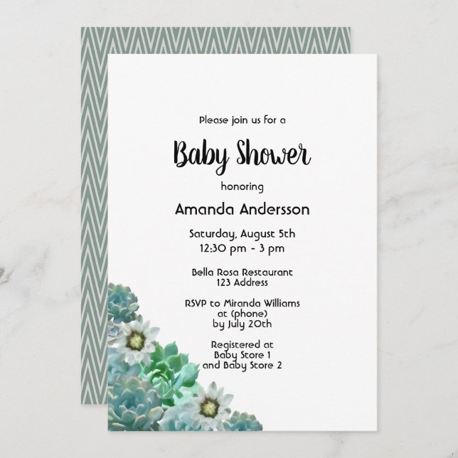 Baby Shower succulents cati flowers white green Invitation (Front/Back)