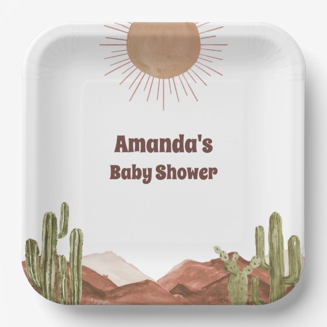 Baby Shower Sun Desert Cactus Baby Shower Paper Plate (Front)