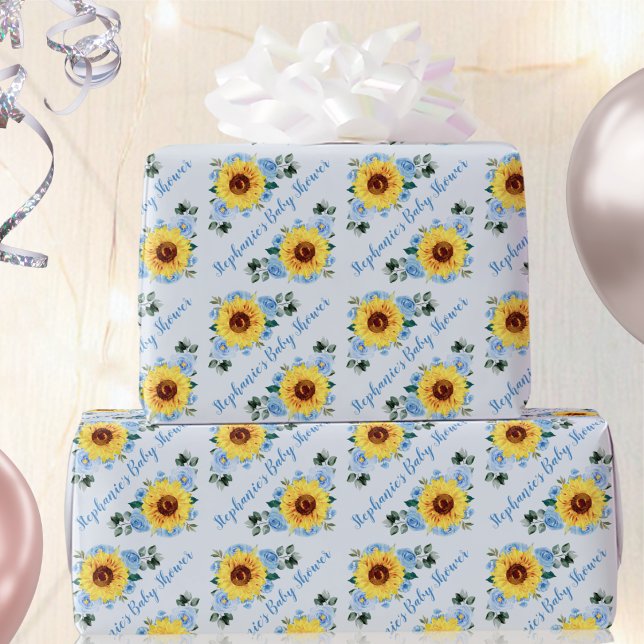 Baby Shower Sunflower Dusty Blue Personalised Name Wrapping Paper (Creator Uploaded)