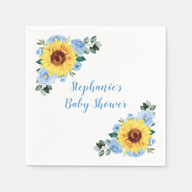 Baby Shower Sunflower Dusty Blue Personalised Napkin (Front)