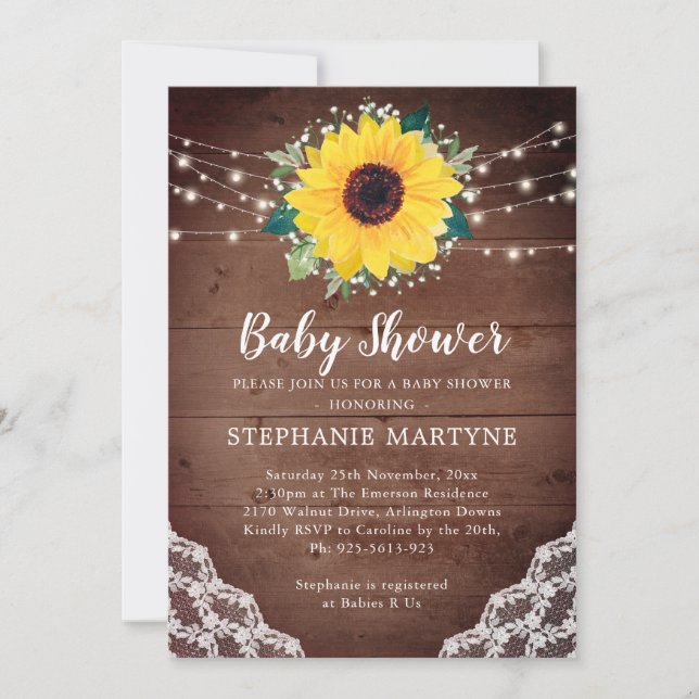 Baby Shower Sunflower Lace Babys Breath Floral Invitation (Front)