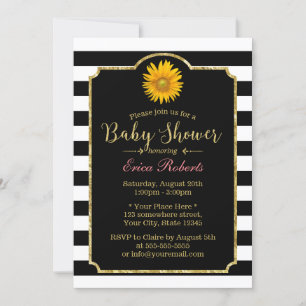 Baby Shower Sunflower Modern Black & White Stripes Invitation