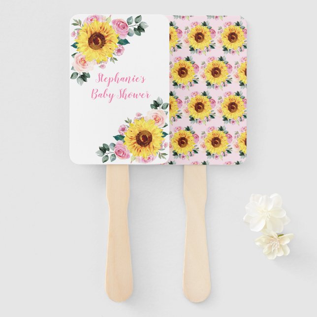 Baby Shower Sunflower Pink Floral Personalised Hand Fan (Front and Back)