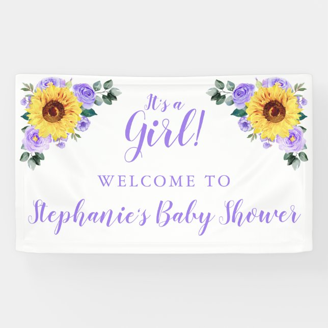 Baby Shower Sunflower Purple Floral Personalised Banner (Horizontal)