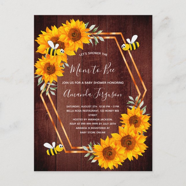 Baby shower sunflowers brown bee invitation postcard (Front)