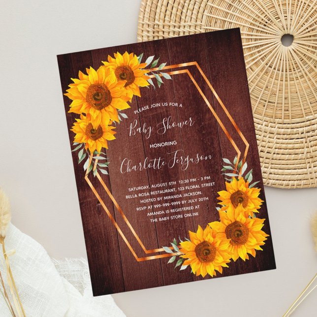 Baby shower sunflowers brown wood invitation  postcard (Creator Uploaded)