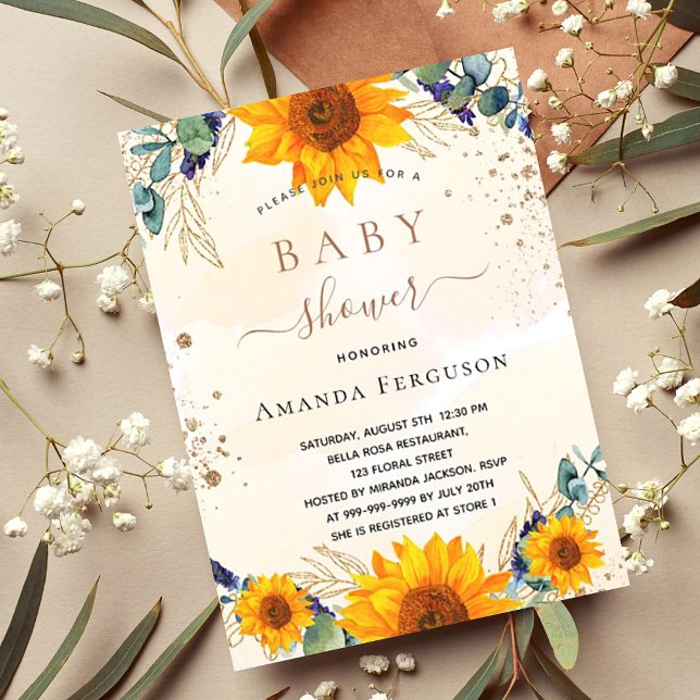 Baby Shower sunflowers eucalyptus gold glitter Invitation (Creator Uploaded)