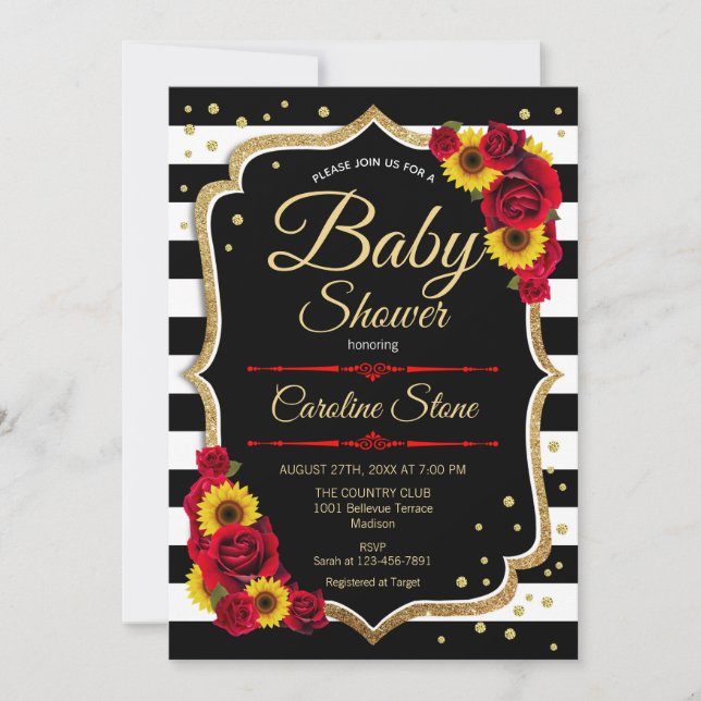 Baby Shower - Sunflowers Roses Black White Stripes Invitation (Front)