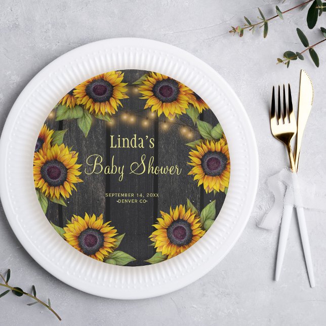 Baby shower sunflowers rustic barn wood paper plate (Creator Uploaded)