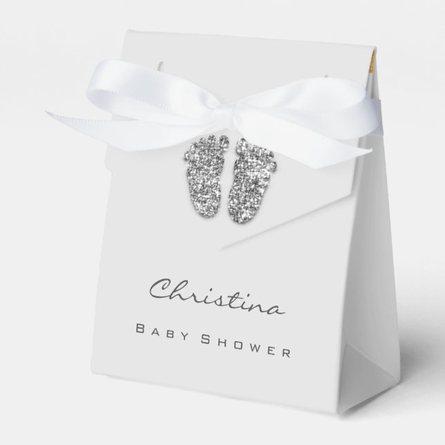 Baby Shower Sweet Feet Drips Glitter Silver Grey  Favour Box (Front Side)