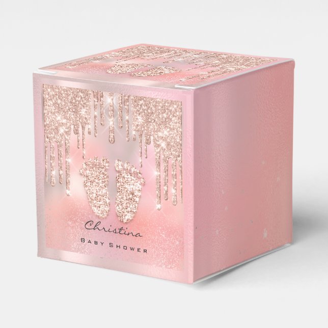 Baby Shower Sweet Feet Drips Rose Pink Glitter Favour Box (Front Side)
