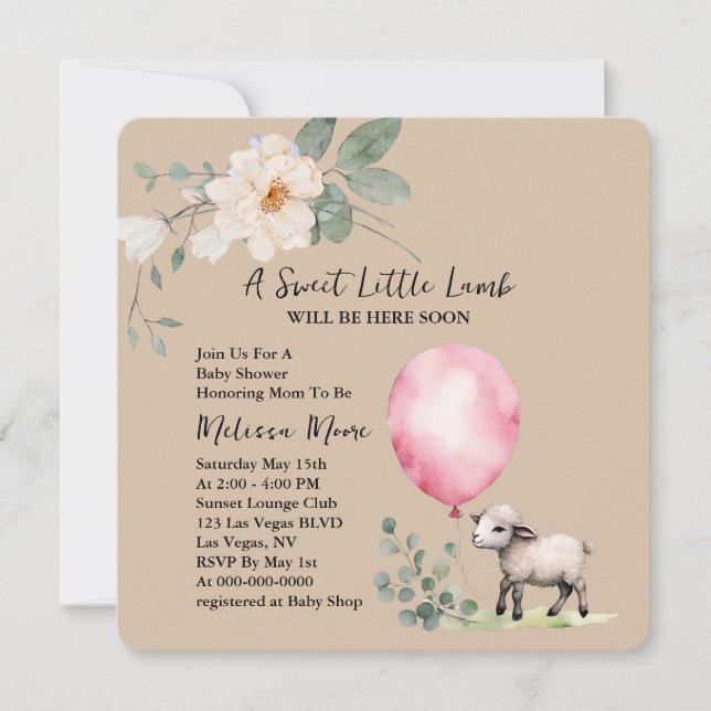 Baby Shower Sweet Little Lamb Pink Balloon Invitation (Front)