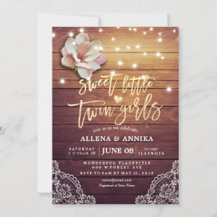 Baby Shower Sweet Little Twin Girls Flowers Wood Invitation