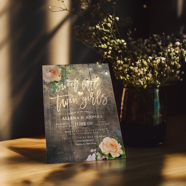 Baby Shower Sweet Little Twin Girls Flowers Wood Invitation (Creator Uploaded)