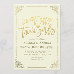 Baby Shower Sweet Little Twin Girls Gold Frame Invitation