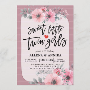 Baby Shower Sweet Little Twin Girls Pink Flowers Invitation