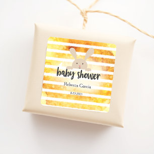 Baby Shower Tan Bunny Yellow White Stripe Square Sticker