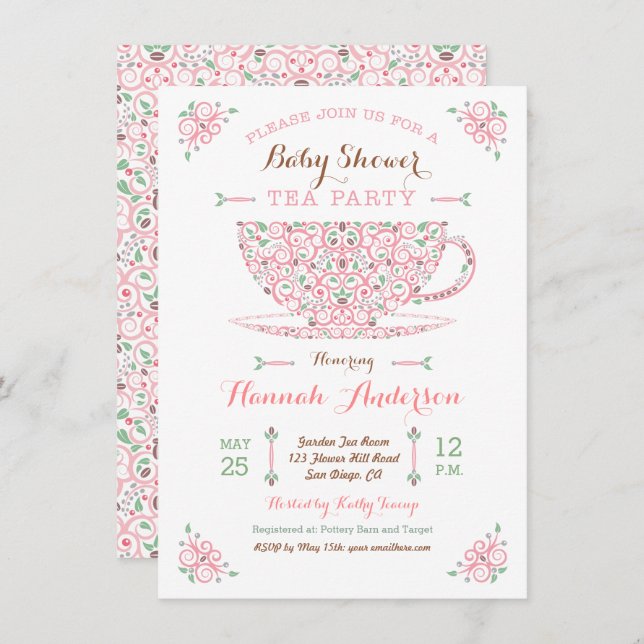 Baby Shower Tea Party- Baby Girl II Invitation (Front/Back)