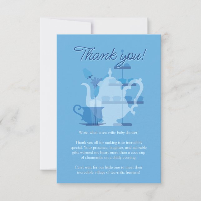 Baby Shower Tea Party Cute Minimalist Chic Blue Thank You Card (Front)
