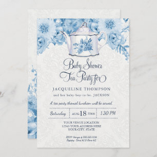Baby Shower Tea Party Dusty Blue Flowers w Teapot Invitation
