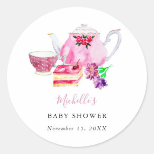 Baby Shower Tea Party Dusty Rose Teapot Classic Round Sticker