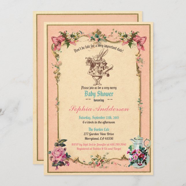 Baby shower tea party pink sip and see invitation (Front/Back)
