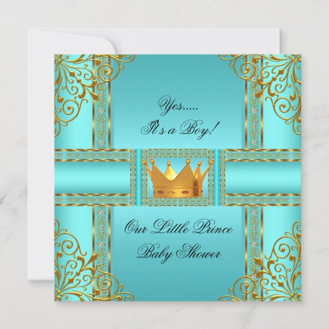 Baby Shower Teal Blue Gold Boy Prince Crown Invitation (Front)