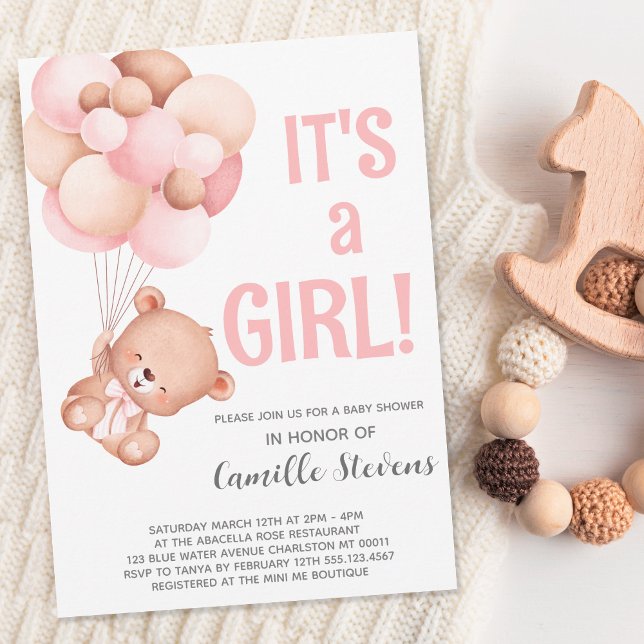 Baby Shower Teddy Bear Balloon Girl Invitation (Creator Uploaded)