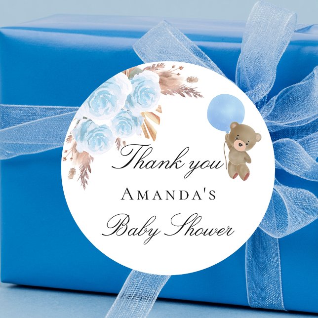 Baby Shower teddy bear blue pampas grass boy Classic Round Sticker (Creator Uploaded)