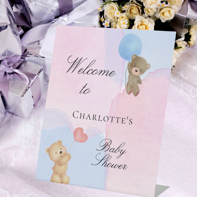 Baby shower teddy bear blue pink gender reveal pedestal sign (Creator Uploaded)