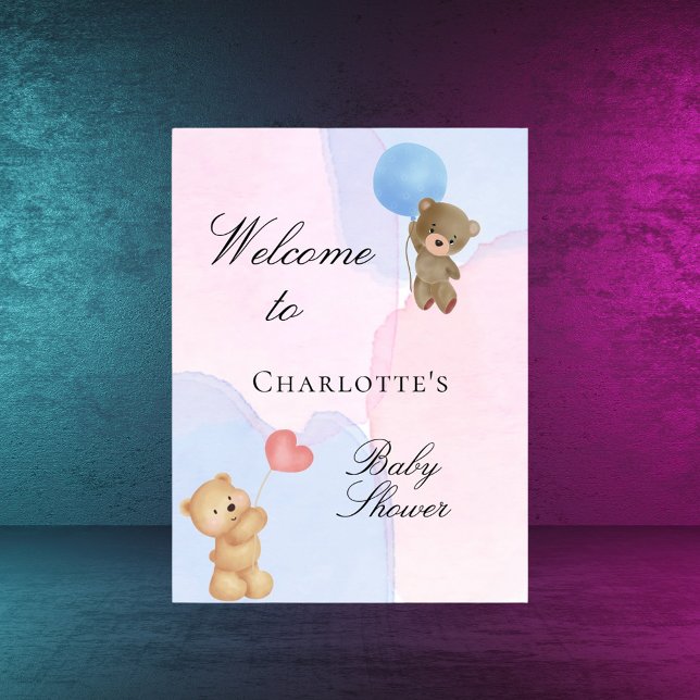 Baby shower teddy bear blue pink gender reveal poster (Creator Uploaded)