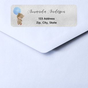 Baby Shower teddy bear blue silver return address Return Address Label