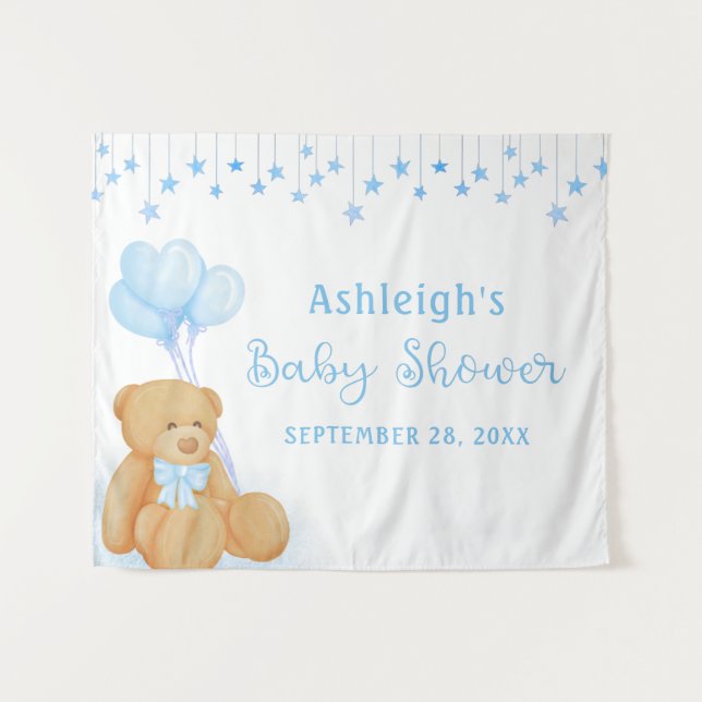 Baby Shower Teddy Bear Blue Stars Backdrop Tapestry (Front (Horizontal))
