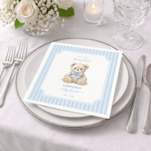 Baby Shower Teddy Bear & Blue Stripes Bearly Wait