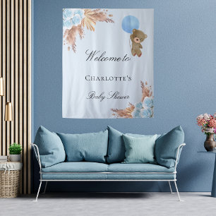 Baby shower teddy bear boy blue pampas grass tapestry