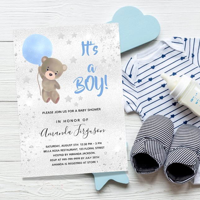 Baby shower teddy bear boy blue silver star invitation (Creator Uploaded)