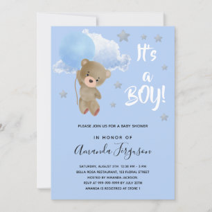 Baby shower teddy bear boy blue stars  invitation