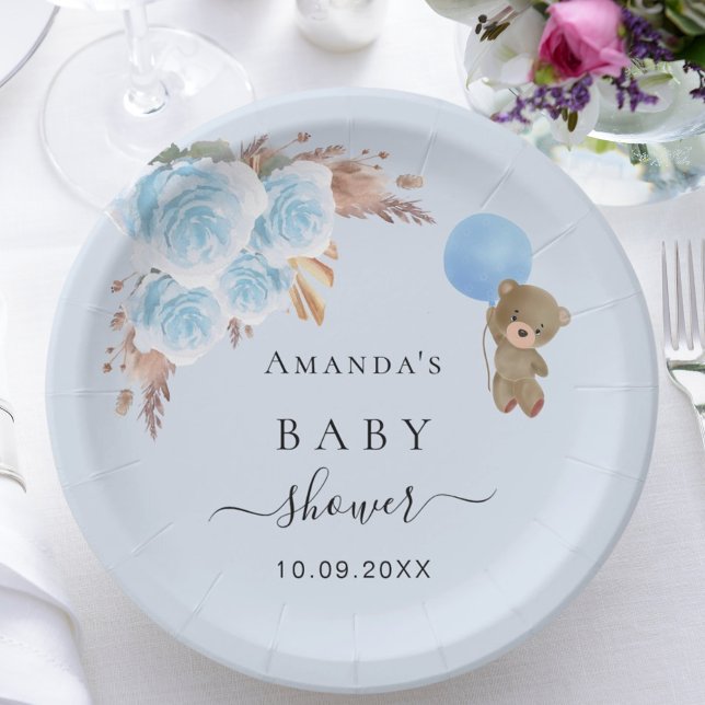 Baby Shower teddy bear boy pampas grass blue  Paper Plate (Creator Uploaded)