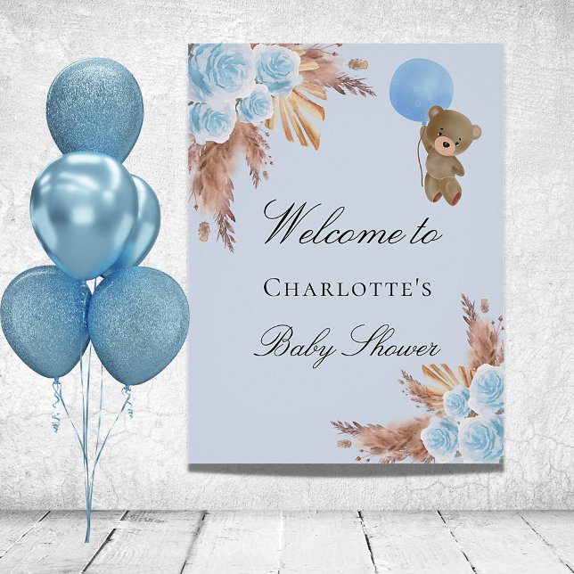 Baby shower teddy bear boy pampas grass blue poster (Creator Uploaded)