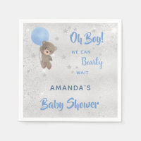 Baby shower teddy bear boy silver blue name
