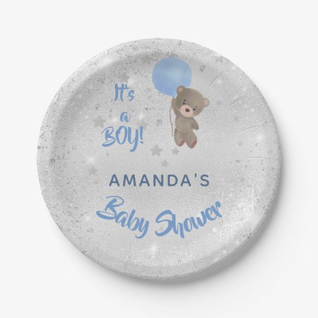 Baby shower teddy bear boy silver blue name paper plate (Front)