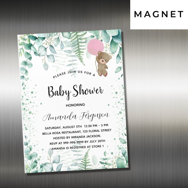 Baby Shower teddy bear eucalyptus girl luxury Magnetic Invitation (Creator Uploaded)