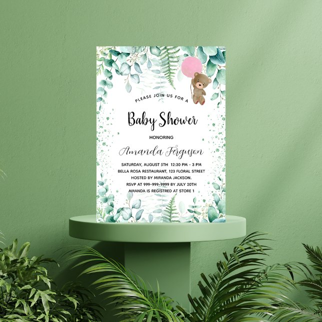 Baby Shower teddy bear eucalyptus pink forest Invitation (Creator Uploaded)