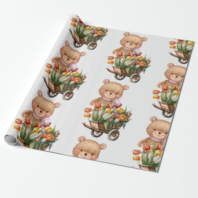 Baby Shower Teddy Bear floral rustic pink Wrapping Paper (Unrolled)
