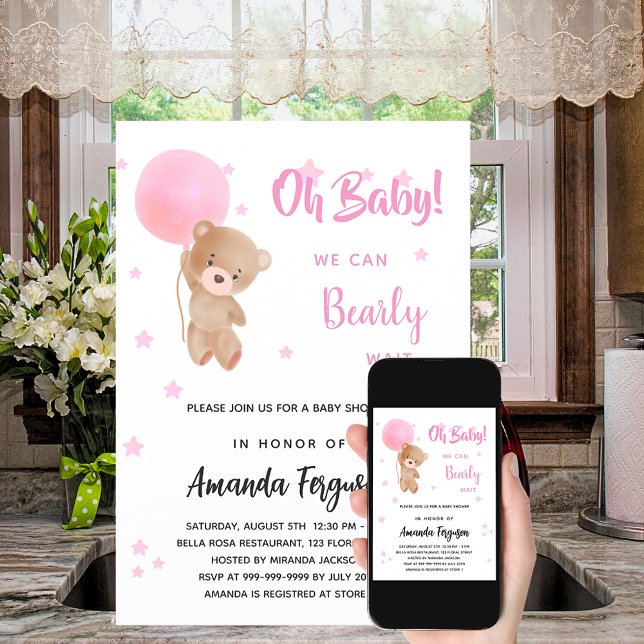 Baby shower teddy bear girl pink balloon invitation (Creator Uploaded)