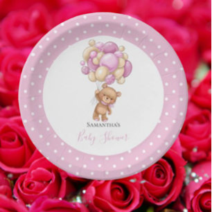 Baby Shower Teddy Bear Girl Pink Balloons Paper Plate