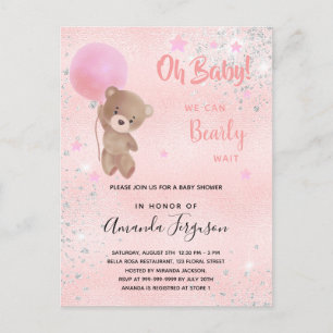 Baby shower teddy bear girl pink glitter invitation postcard